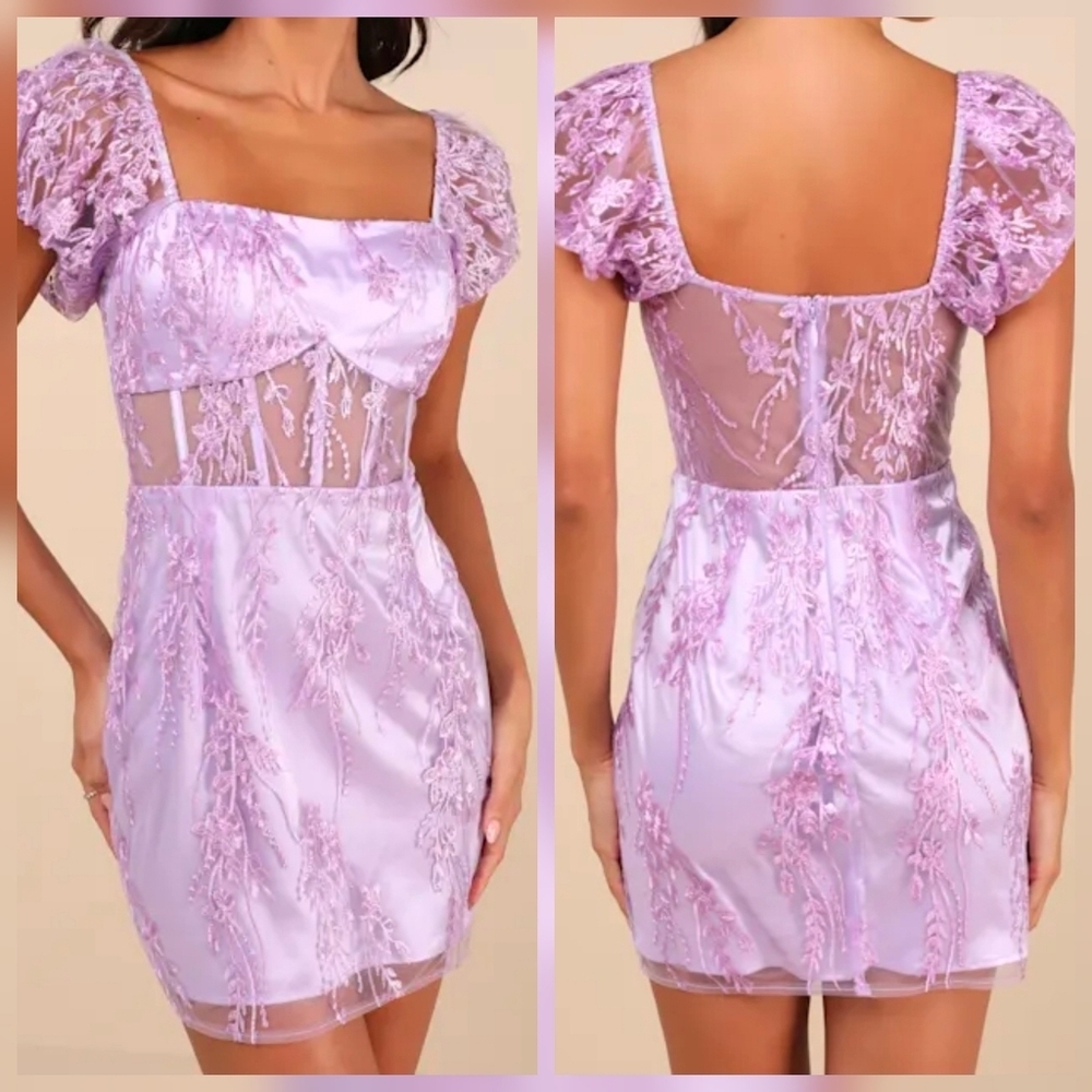 Lulus Seriously Cute Lavender Floral Embroidered Mesh Puff Sleeve Mini Dress